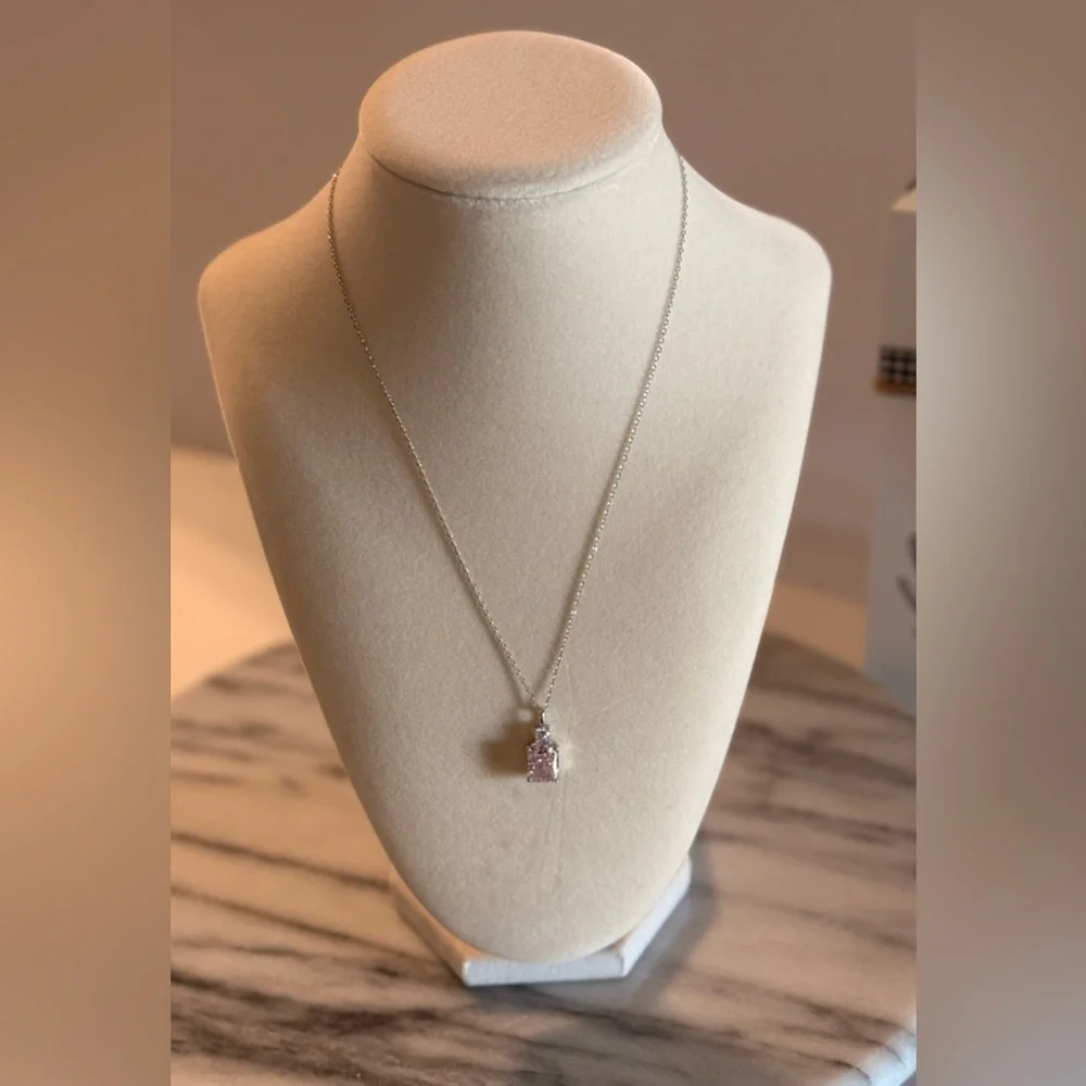 NWOT 925 Sterling Silver Pin Crushed Ice CZ Necklace & Pink Dangling Earrings